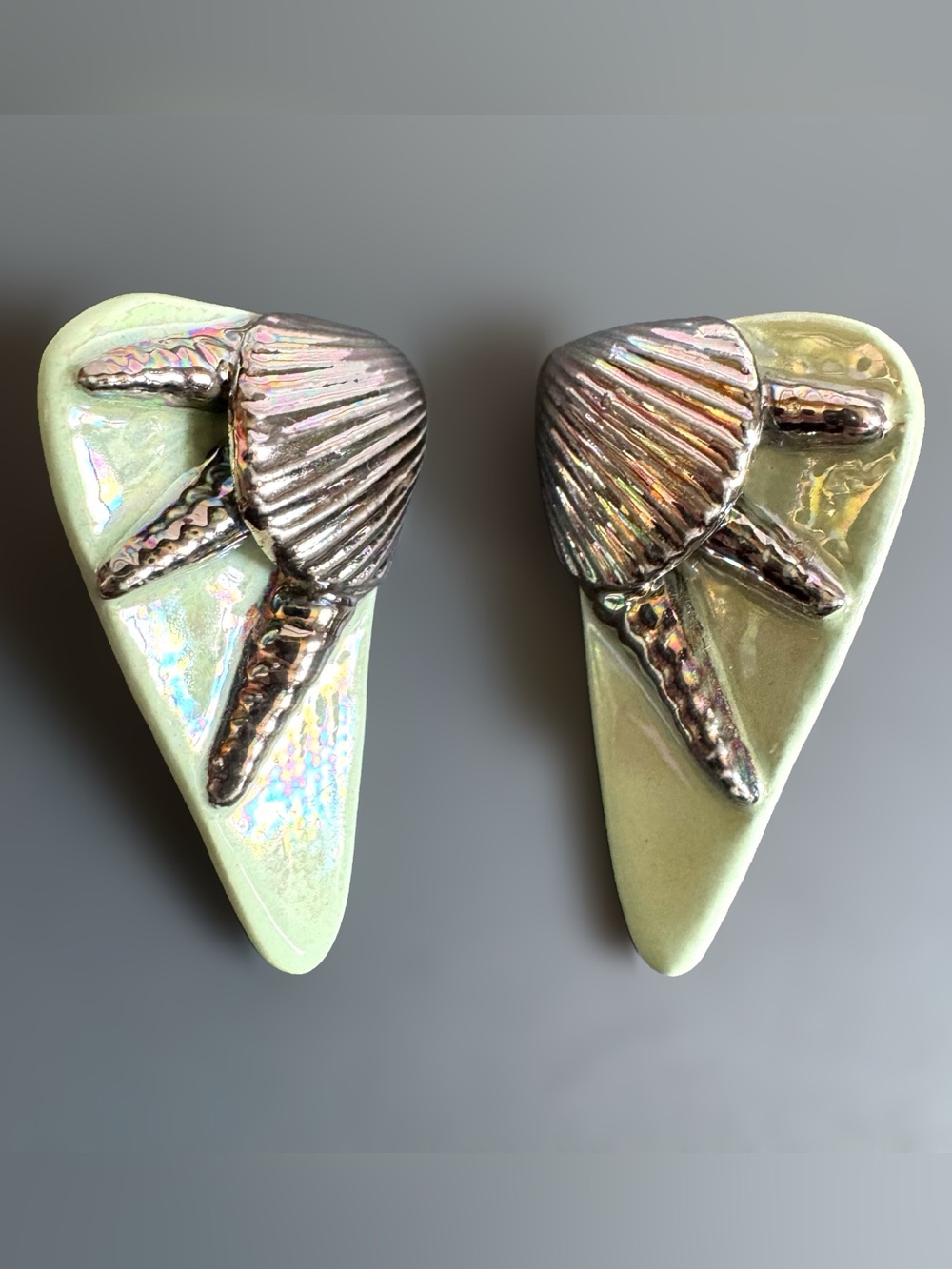 Carolyn Edlund Iridescent Green Ceramic Shell Earrings Coastal Mermaid Statement